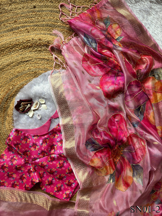 Soft Organza Digital Print With Kadana HandWork In Border Saree