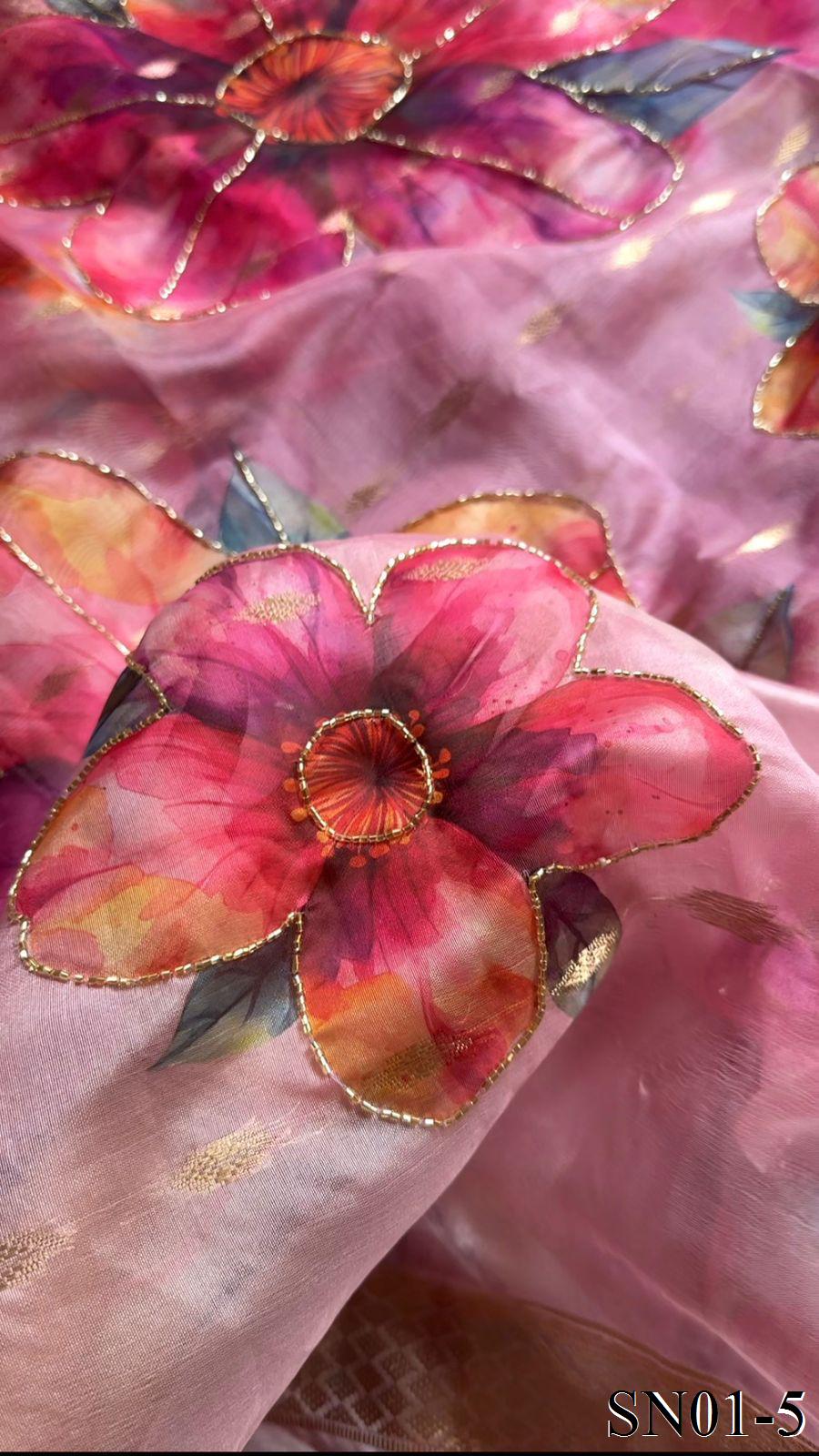 Soft Organza Digital Print With Kadana HandWork In Border Saree