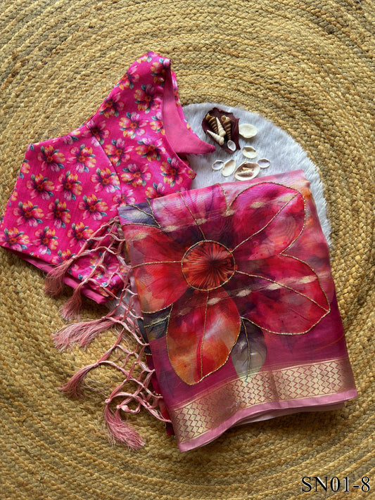 Soft Organza Digital Print With Kadana HandWork In Border Saree