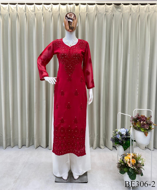 Georgette Cotton Thread Embroidery Work Top Plazzo