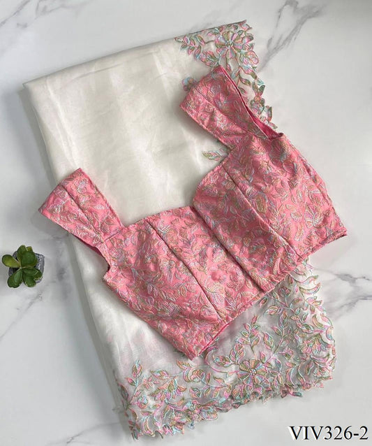 Pink & White Color Full Embroidery Work Saree
