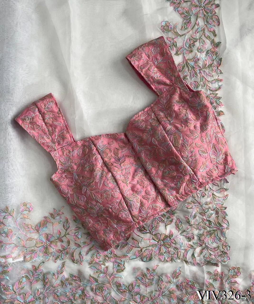 Pink & White Color Full Embroidery Work Saree