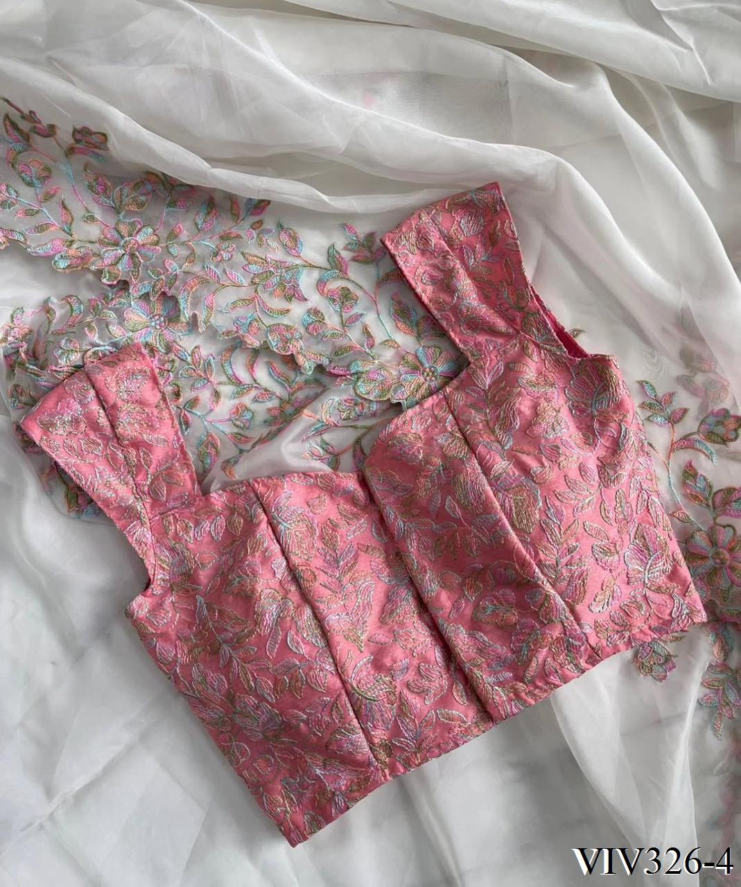 Pink & White Color Full Embroidery Work Saree