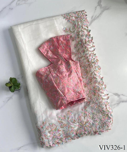 Pink & White Color Full Embroidery Work Saree