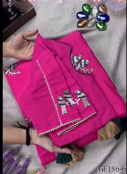 Thred Work With Collar Blouse With Khadi Cotton Saree