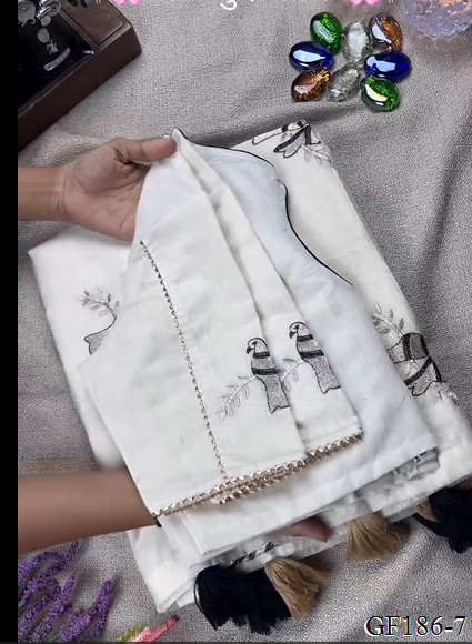 Thred Work With Collar Blouse With Khadi Cotton Saree