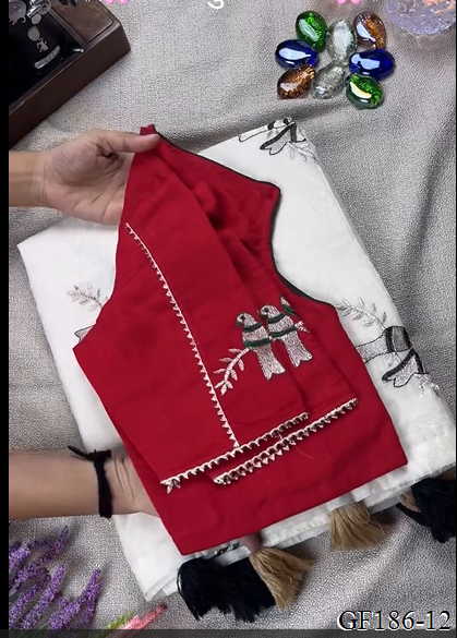 Thred Work With Collar Blouse With Khadi Cotton Saree