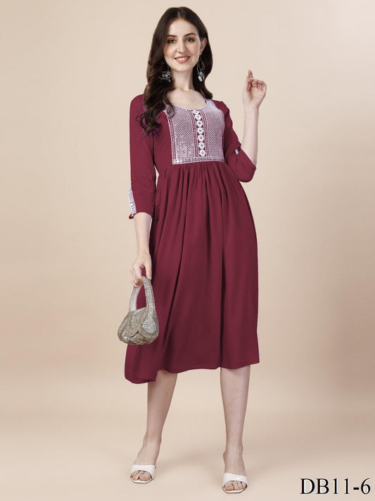 Maroon Color Reyon Sequence Work Top