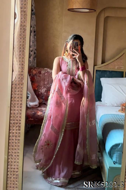 Pink Color Tabby Organza Embroidery Work Top Sharara