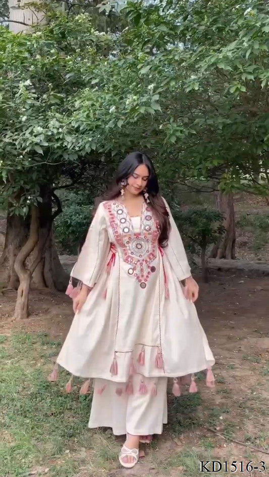 Reyon Fabric With Thread With Real Mirror Work Top Plazzo