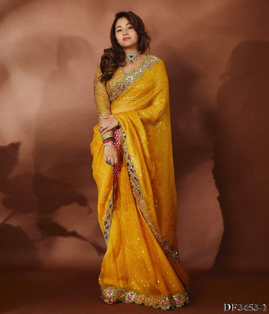 Faxu Gergette Coding Lace Border Sequence Work Saree