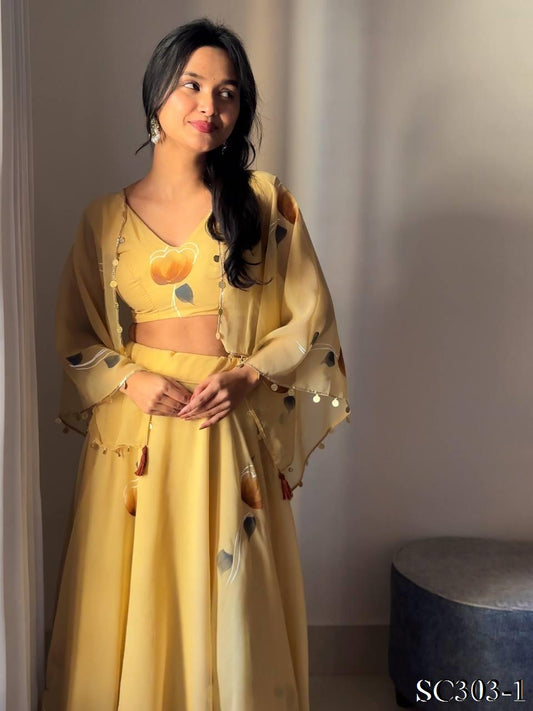 Cream Color Georgette Printed Work Lehenga