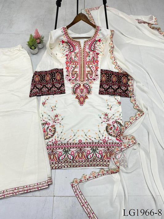 White Color Roman Silk Sequence Embroidery Work Top Plazzo