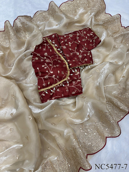 Beige Color Sequins & Zari Embroidery Work Saree