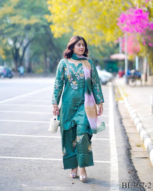 Sky Blue Color French Creap Embroidery Work Top Plazzo