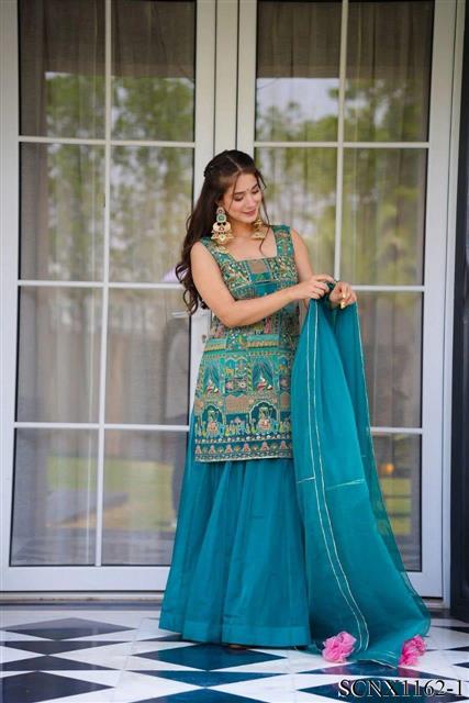 Sky Blue Color Jimmy Organza With Digital Print Top Plazzo