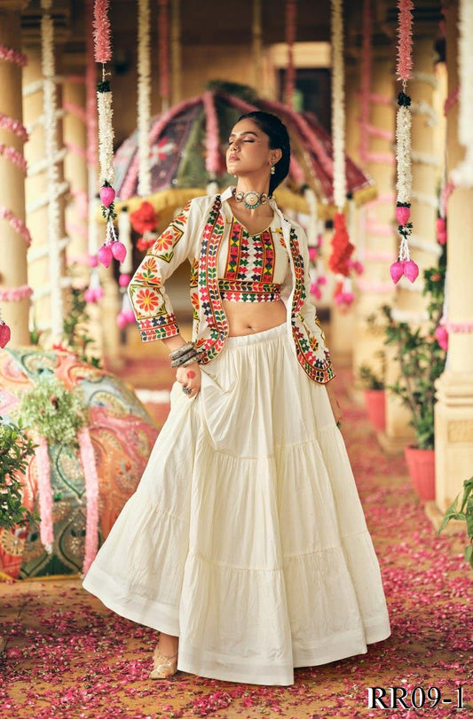 White Color Pure Cotton Embroidery Work Lehenga