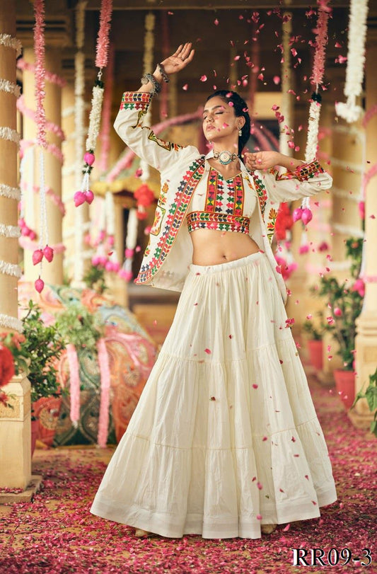 White Color Pure Cotton Embroidery Work Lehenga