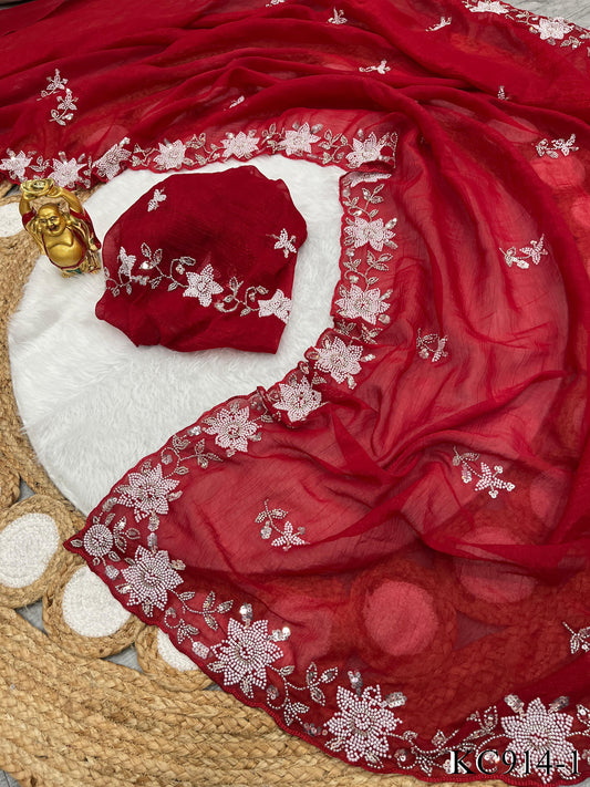 Red Color Premium Crunchy Crush With Sequins Work Saree