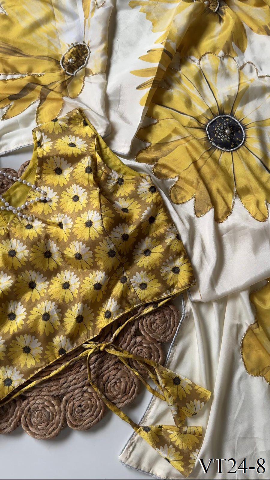 Yellow Color Crepe Satin Silk With Digital Print Work Saree