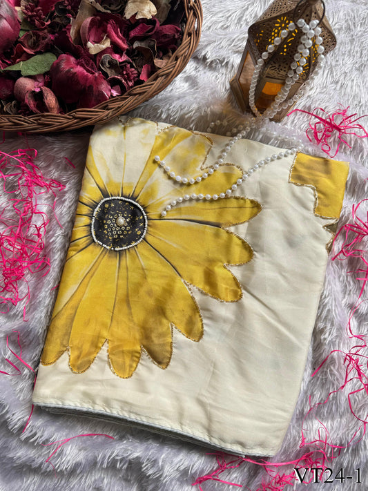 Yellow Color Crepe Satin Silk With Digital Print Work Saree