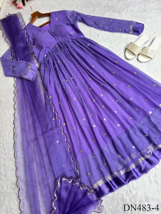 Purple Color Georgette Heavy Sequins Work Gown