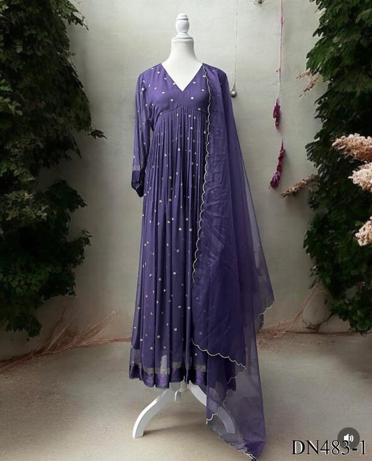 Purple Color Georgette Heavy Sequins Work Gown