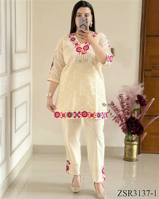 White Color Pure Khadi Cotton Schiffli Work Top Pent