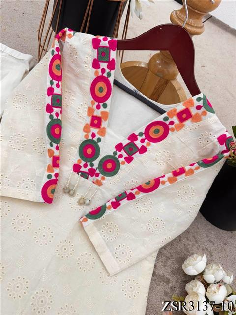 White Color Pure Khadi Cotton Schiffli Work Top Pent