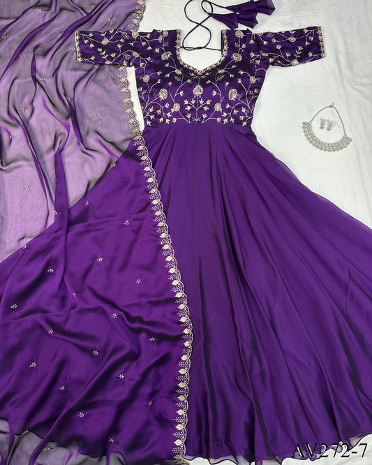 Designer Embroidered Silk Gown Ensemble With Dupatta