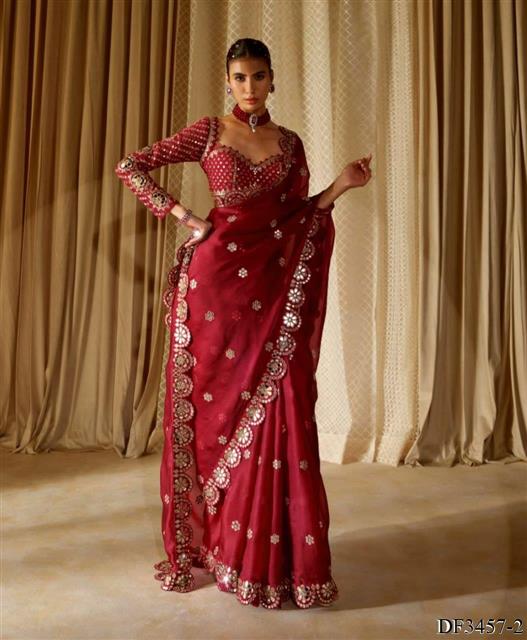 Red Color Faux Georgette Sequience Work Saree