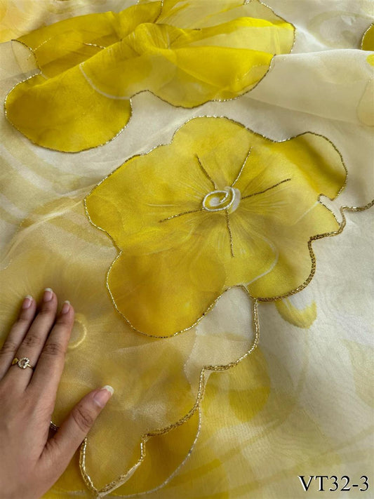 Yellow Color Soft Organza With Digital Print Work Saree