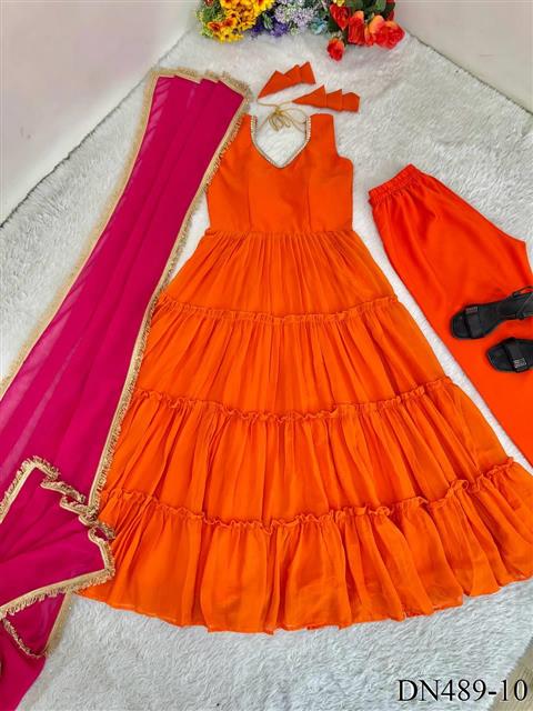 Orange Color Georgette Chiffon Sequins Work Gown