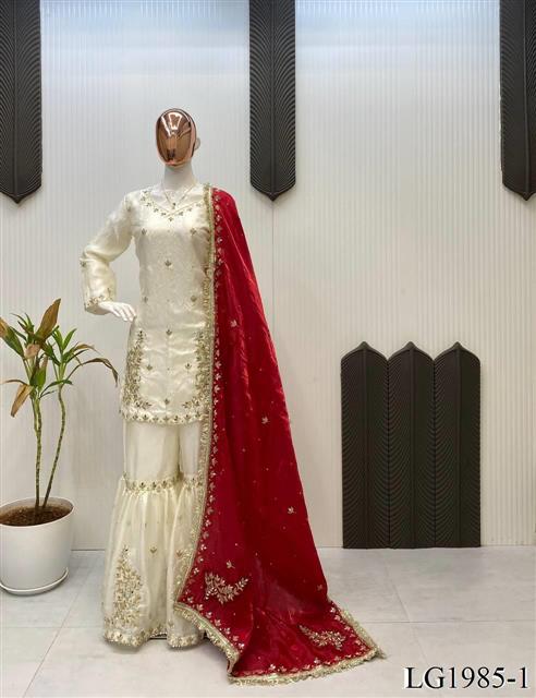 White Color Fendy With Sequins Embroidery Work Top Sharara