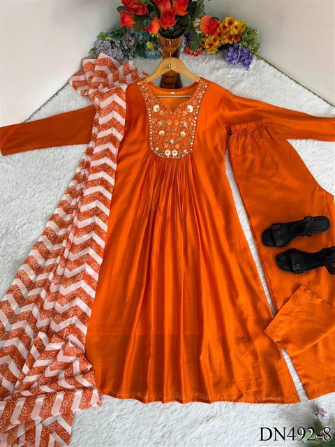Orange Color Viscos Chanderi Silk Hand Work Gown