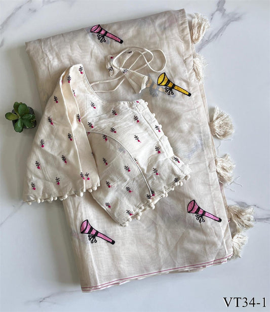 Pure Chanderi Cotton Fabric With Butterfly Work Saree