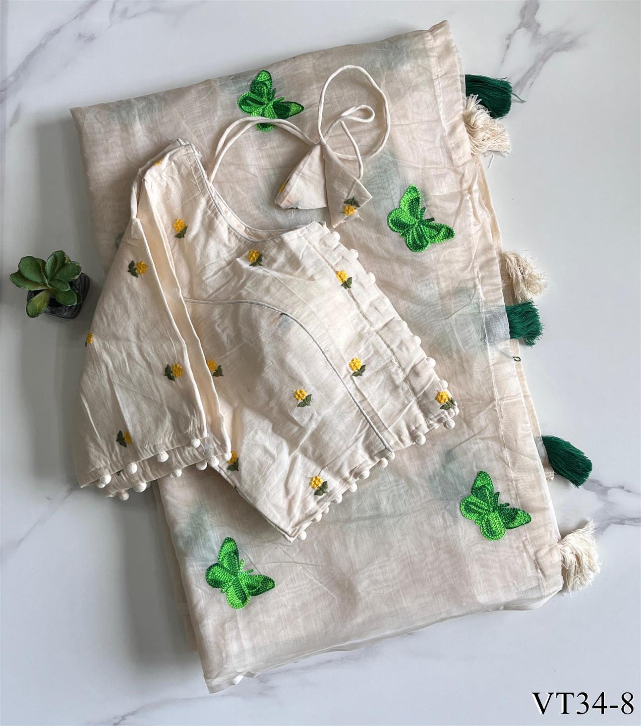 Pure Chanderi Cotton Fabric With Butterfly Work Saree