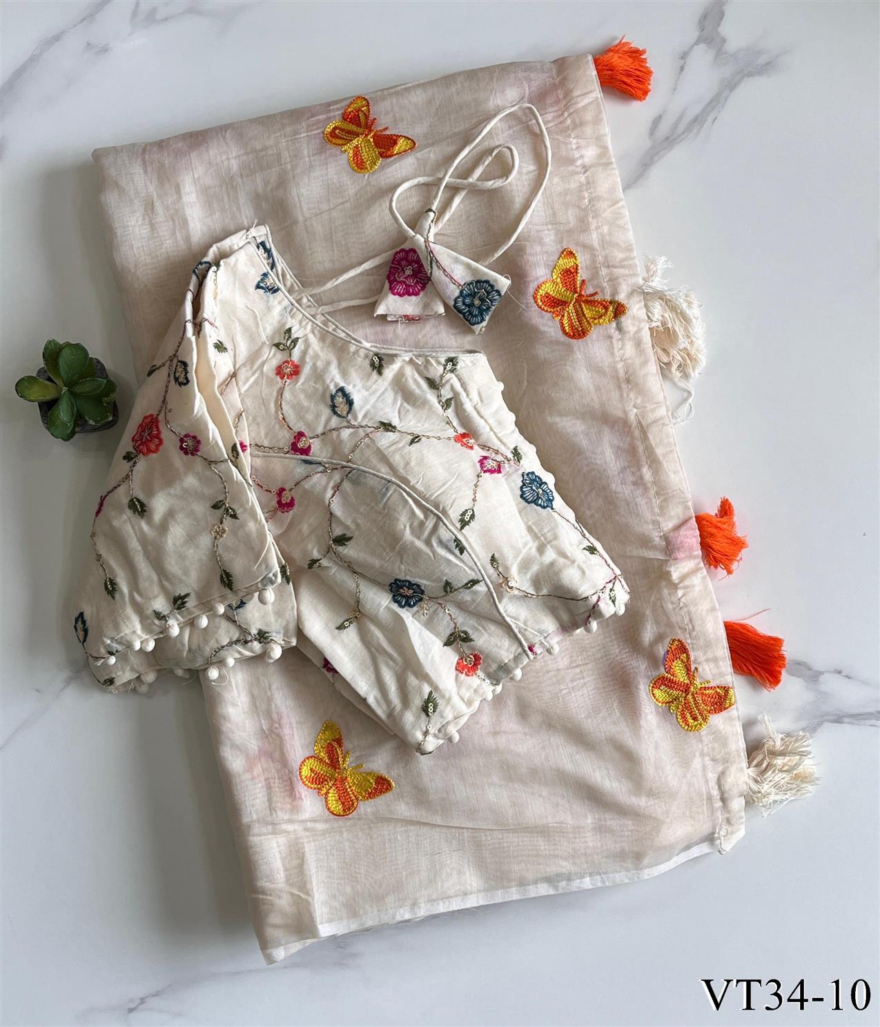 Pure Chanderi Cotton Fabric With Butterfly Work Saree