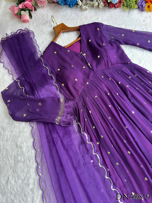 Purple Color Chanderi Silk With Sequience Work Gown