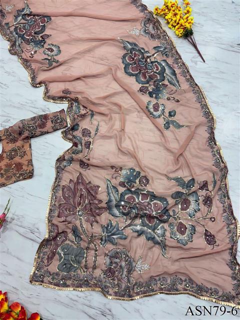 Pich Color Premium Georgette Embellished Work Saree