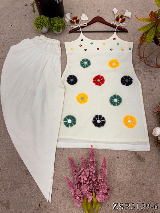 Beautifull White Color Khadi cotton Mirror Work Top Dhoti