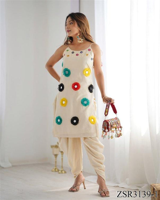 Beautifull White Color Khadi cotton Mirror Work Top Dhoti