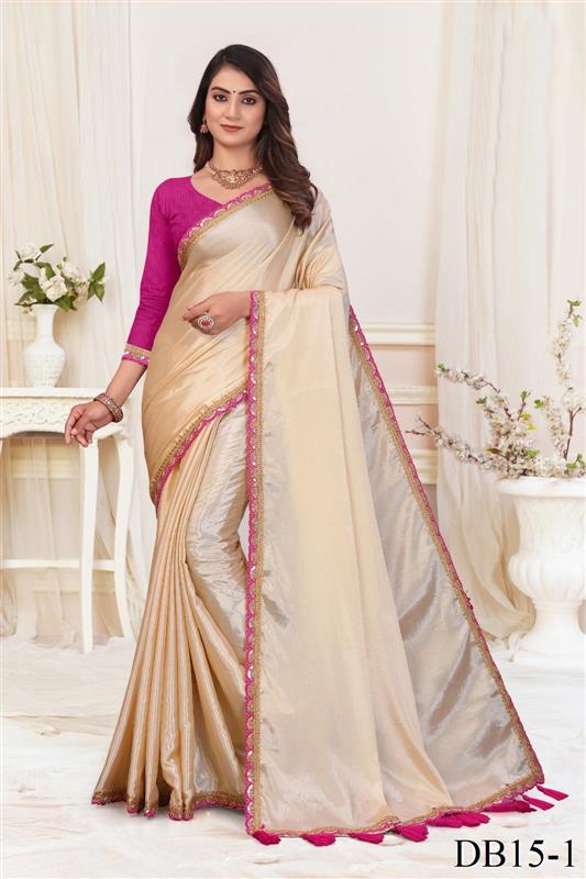 Beige Color Chinon Embroidery Work Saree
