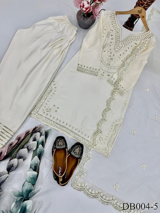 White Color Heavy Natural Silk Embroidery Work Top Plazzo