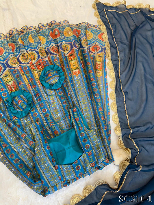 Blue Color Pure Jimmy Organza Silk With Digital Print Gown