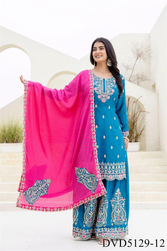 Chinon Fabric with Embroidery Sequience Coding Work Top Sharara