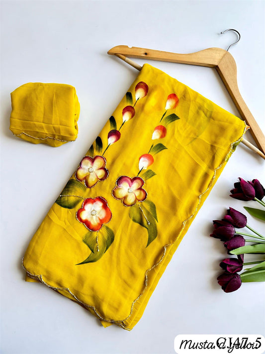 Beautifull Faux Georgette Hand Print Work Saree