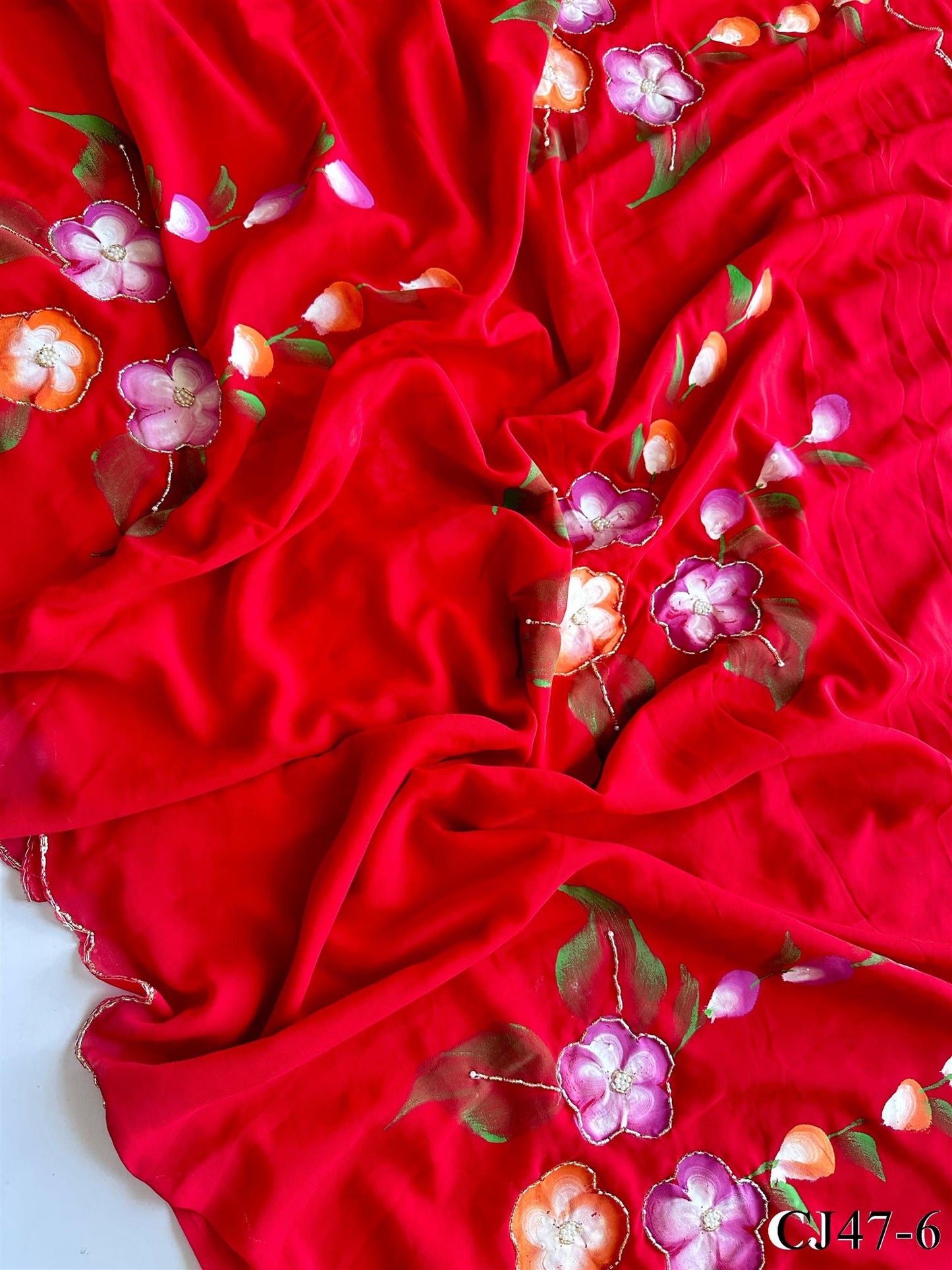 Beautifull Faux Georgette Hand Print Work Saree