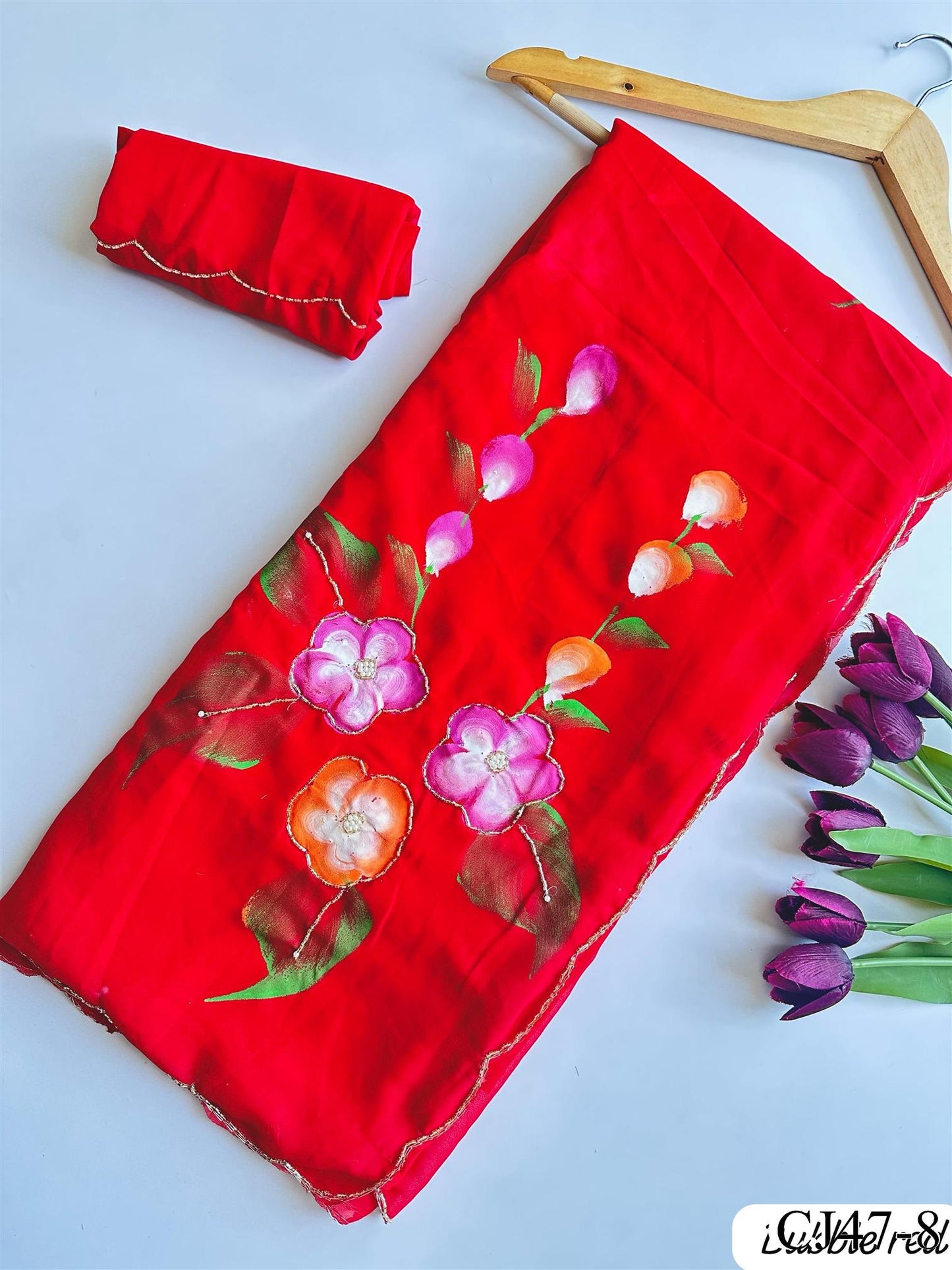 Beautifull Faux Georgette Hand Print Work Saree