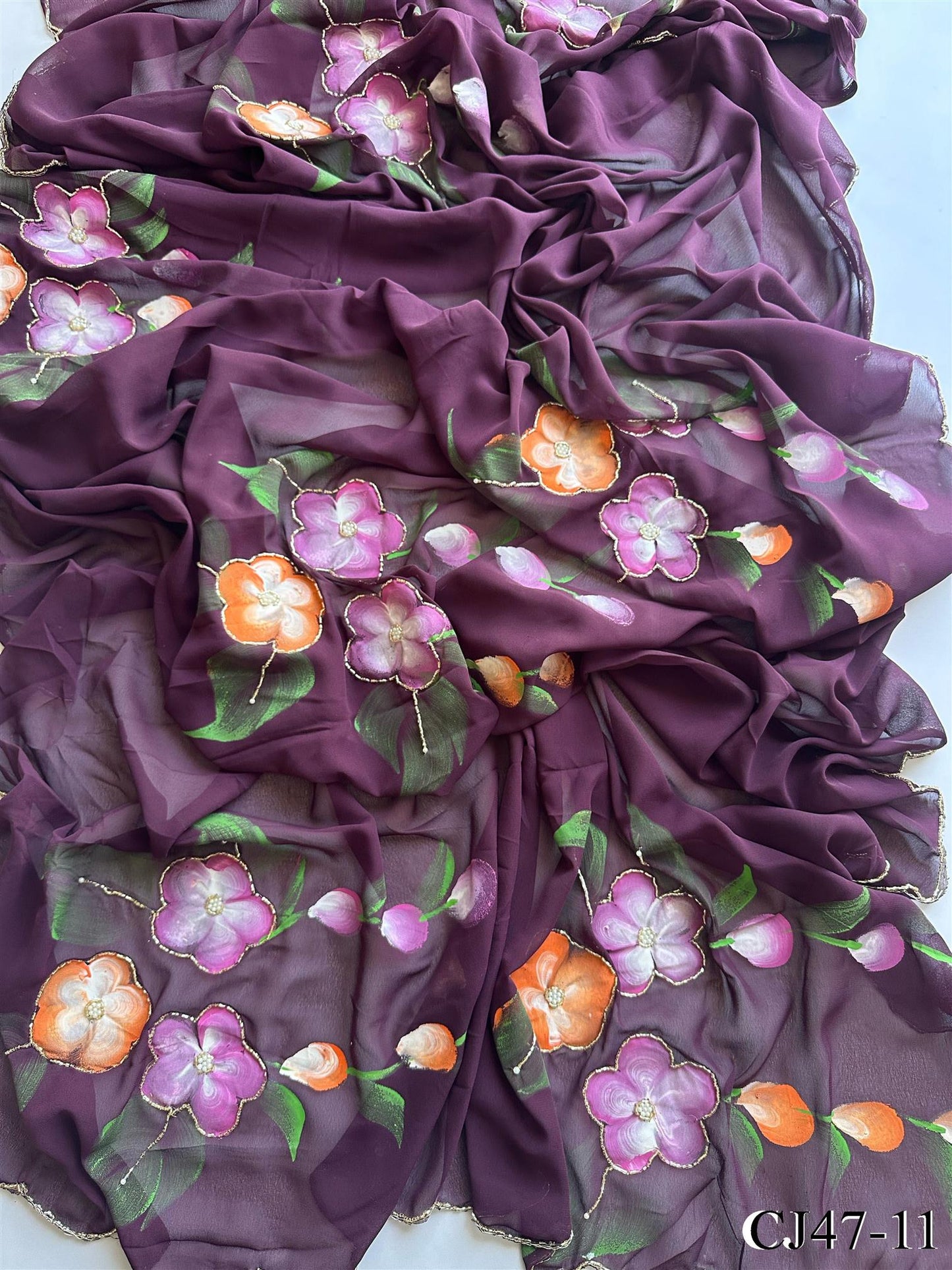 Beautifull Faux Georgette Hand Print Work Saree